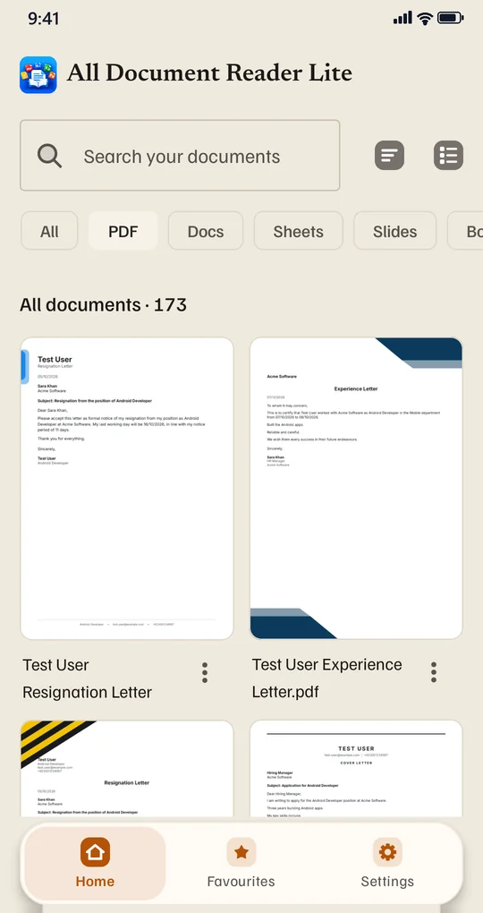 All Document Reader Lite library of PDF documents