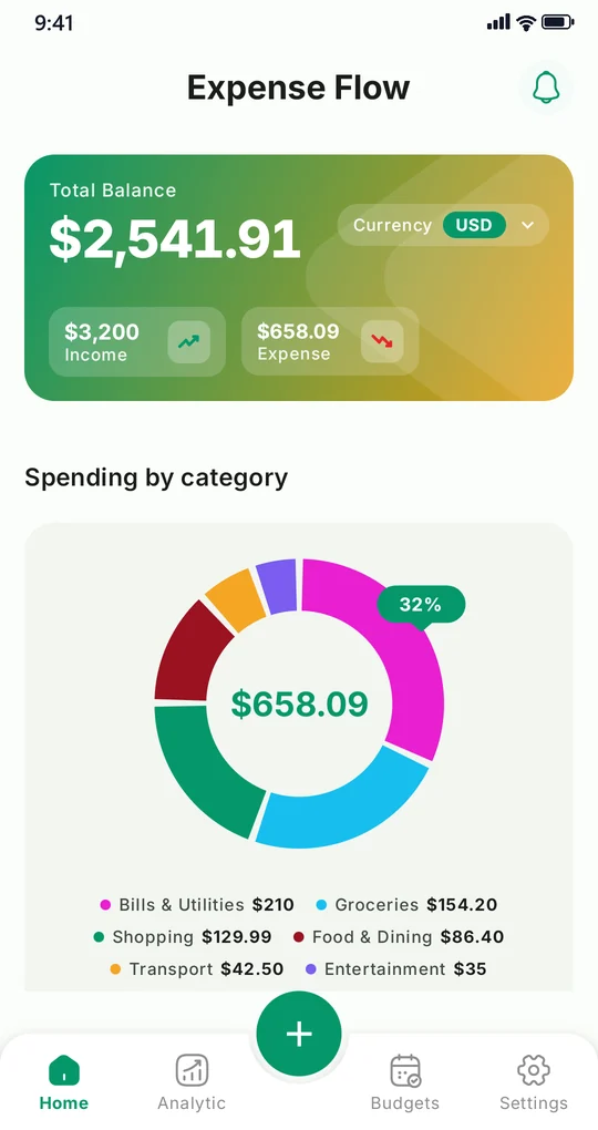 Expense Manager home screen with total balance and a spending-by-category chart