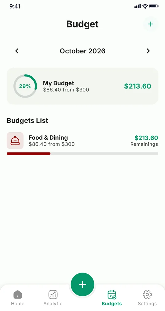 Expense Manager budget screen showing a Food and Dining budget with the amount remaining