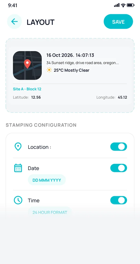 Geo Tag Camera layout editor with a live stamp preview and toggles for location, date and time