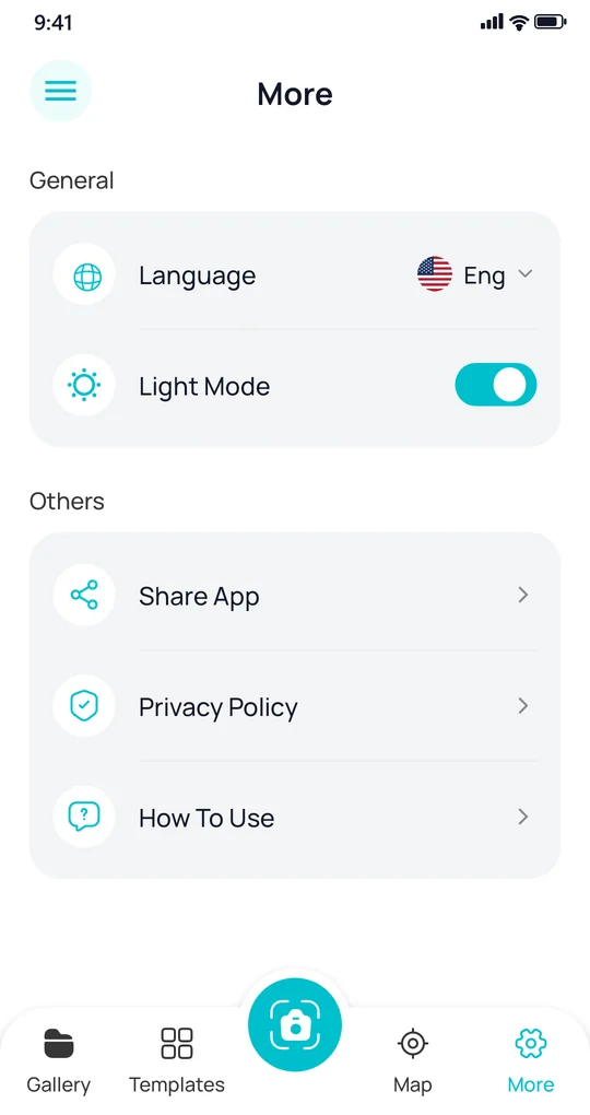 Geo Tag Camera settings with language, light mode, share, privacy policy and how-to-use options
