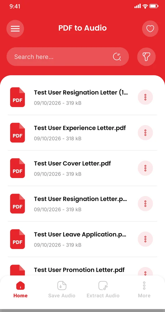 PDF to Audio home screen listing PDF documents with search and filter