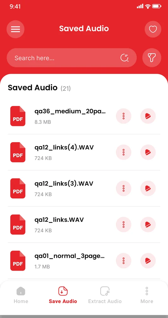 PDF to Audio saved audio list with play buttons for each exported file
