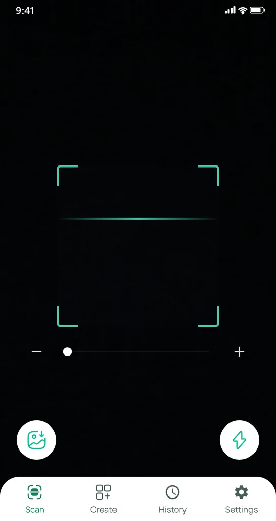 QR Scanner viewfinder with a scan frame, zoom slider, gallery import and flashlight buttons