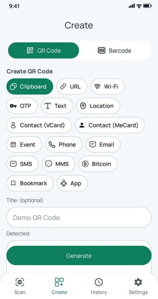 QR Generator showing code types such as URL, Wi-Fi, contact, event, phone and email